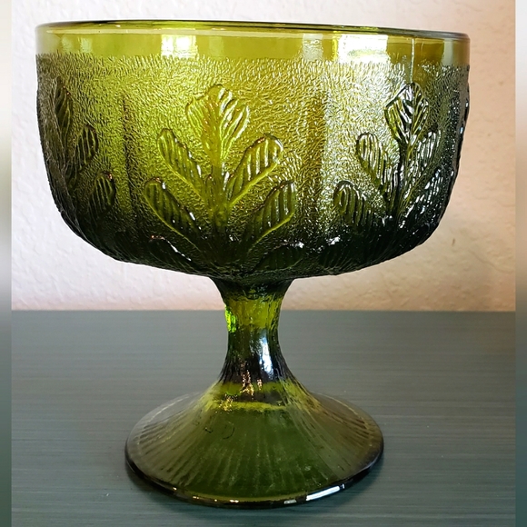 Vintage FTD 1978 Oak Leaf Olive Green Glass Compote Goblet Trinket Jewelry Dish - Picture 7 of 7